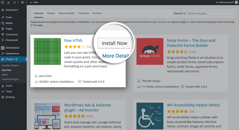 Install Raw HTML WordPress Plugin